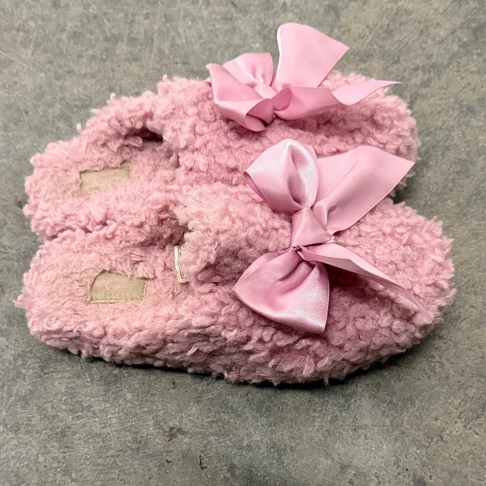 UGG Pink Plush Slippers with Bow